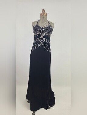 Nina Canacci Women's Hand Beaded Silver Black Velvet Halter Crossback Gown Size4